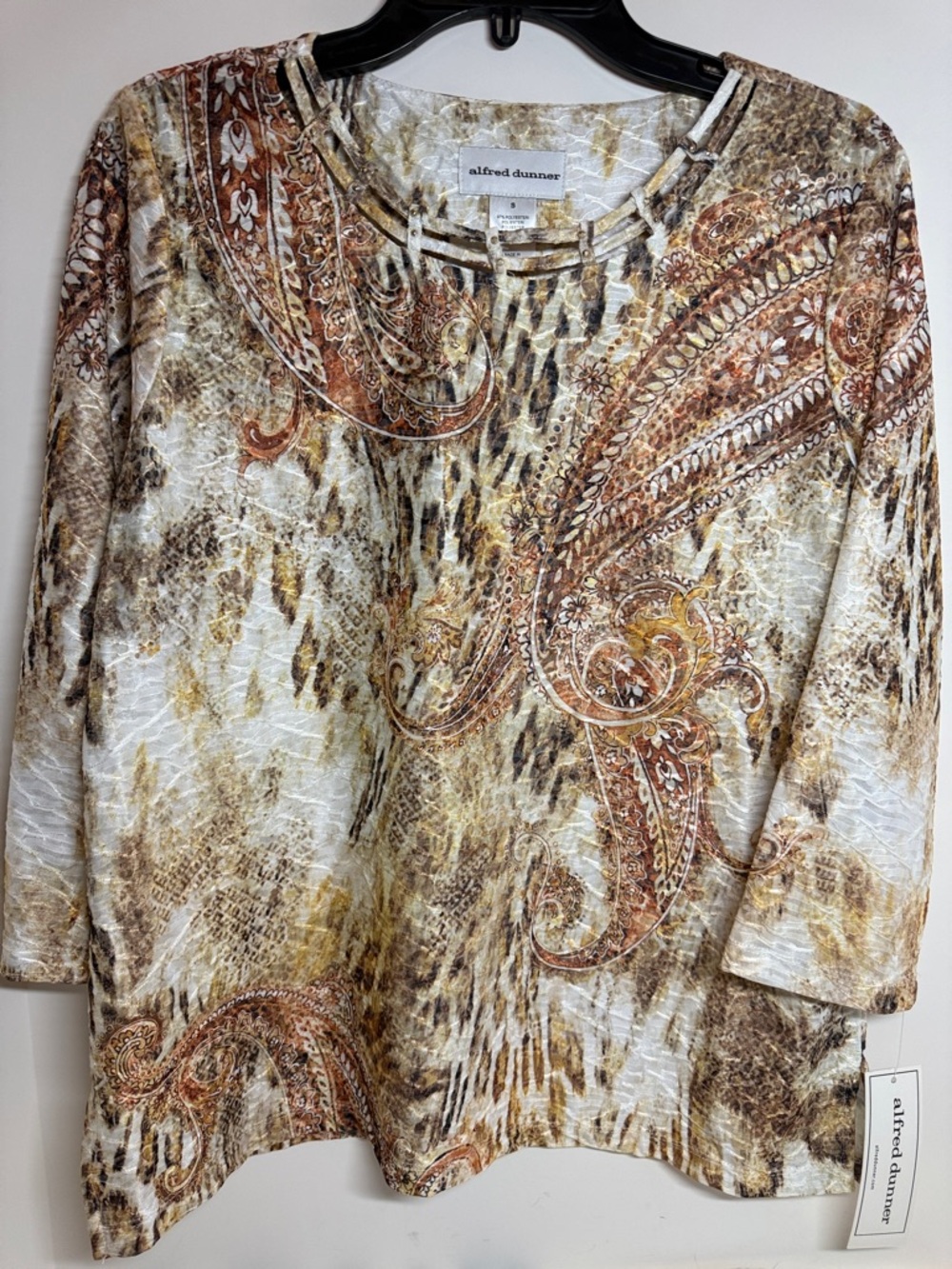 Alfred Dunner Cream and Brown Paisley-Print Long Sleeve Blouse Sz Small